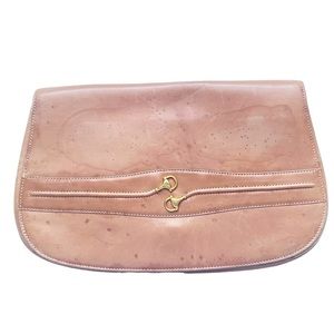 Vintage GUCCI tan leather envelope clutch bag purse horsebit hardware
